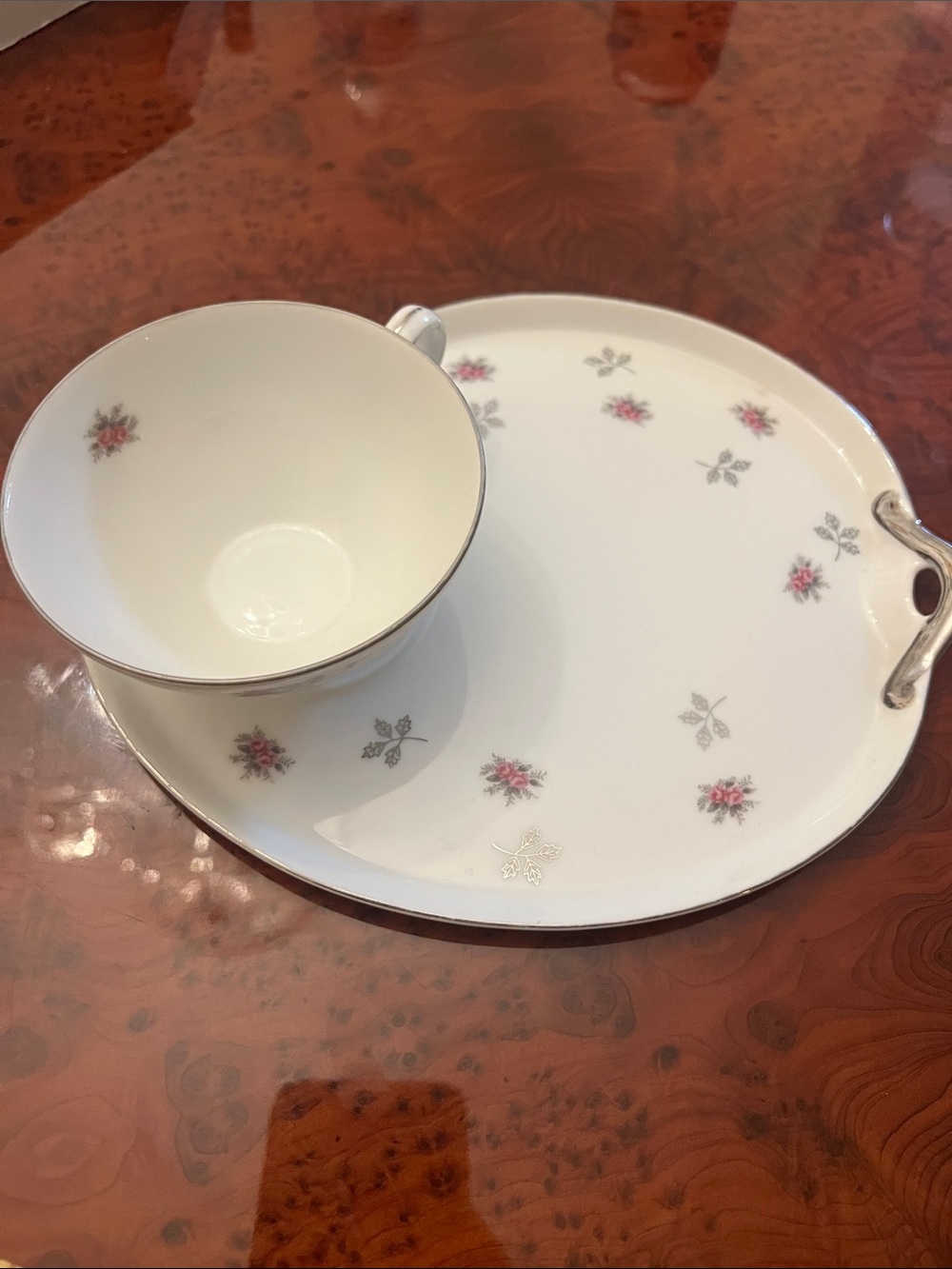 White Porcelain Tea Cup and Saucer Set with Pink Floral Accents and Silver Trim